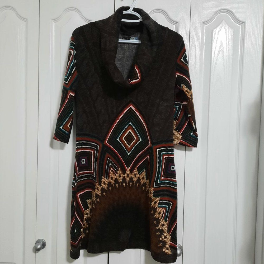 Smashed Lemon Navaho Graphic Cowl Neck Midi Sweater Dress Size Large